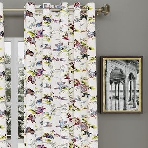 Cotton Linen Curtains- Purple Floral Botanical Design- 84" L or 7 feet. Pair